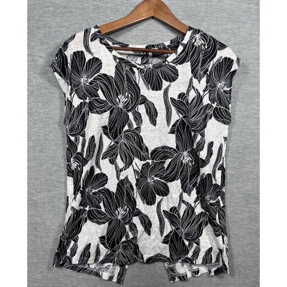 Tahari Womens Top M 100% Linen Black White Floral Button Back - Picture 1 of 5
